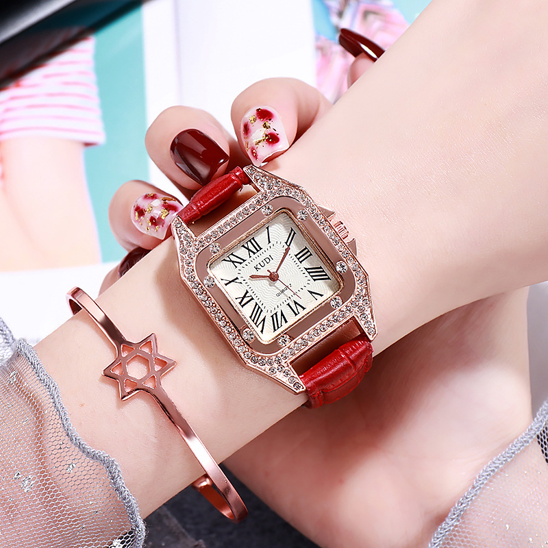 爆款小红表 韩版时尚方形水钻手表 女士休闲镶钻皮带女表